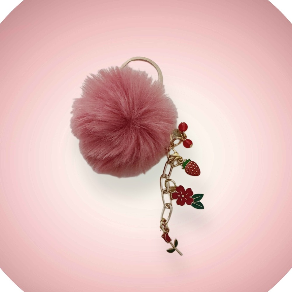 Pink Pom Pom Keychain with Strawberry & Flower Charms